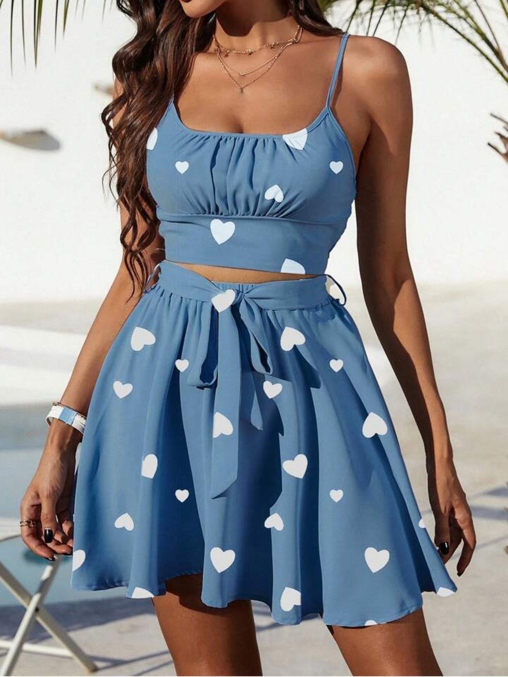 Blue Heart Print Tie-Waist Skirt - Stylish Women's Skirt